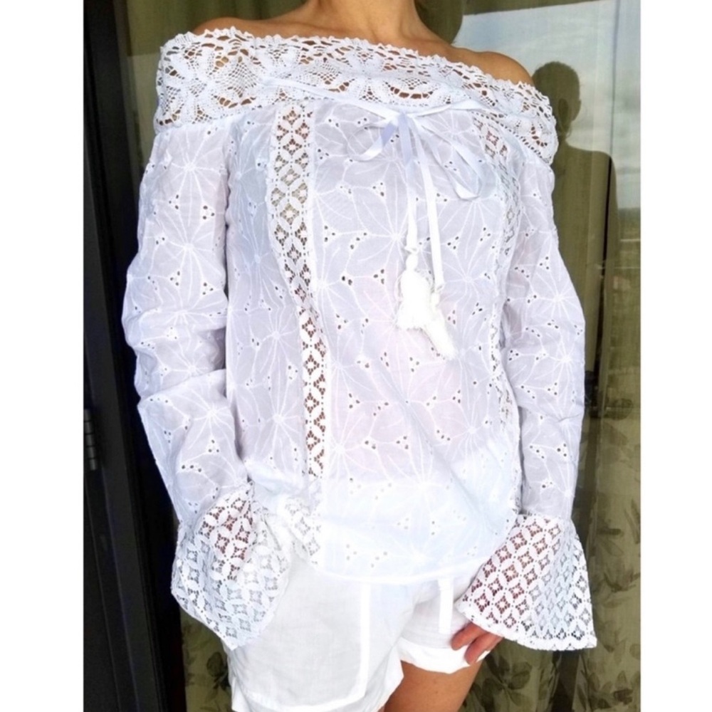 NWT STYLISH WHITE LACE PATCHWORK OFF SHOULDER BLOUSE TOP - Picture 5 of 6